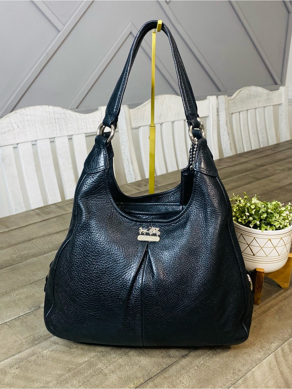 COACH Madison Maggie Black Pebbled Leather Hobo Shoulder Bag Purse